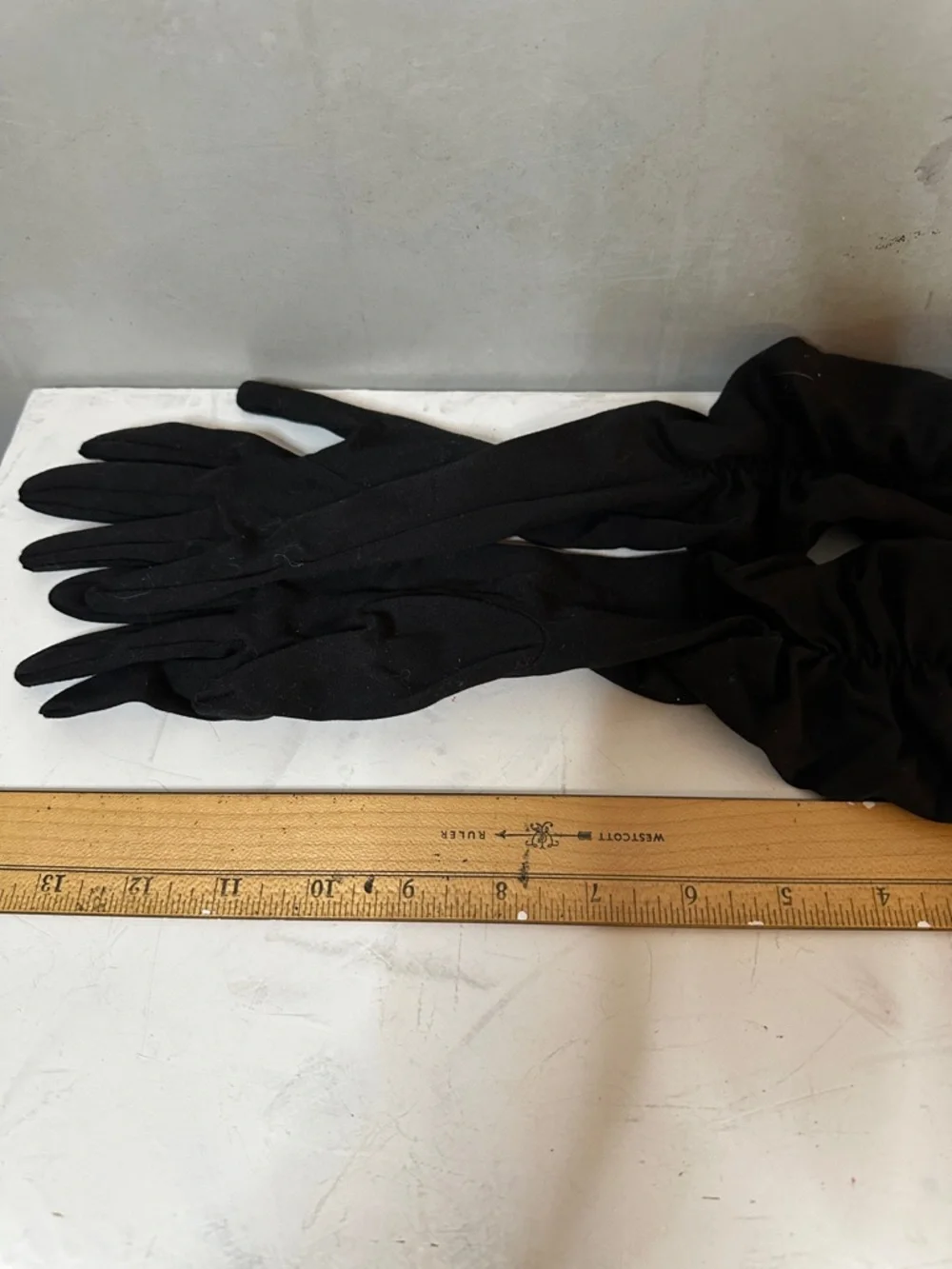 Vintage Mid Century RUCHED Below The Elbow Day Gloves Black Matte